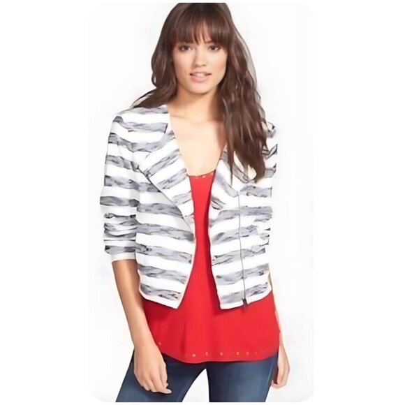 Sanctuary Asymmetric Zip Front Blue and White Striped Cropped Jacket Women's Lg - Picture 1 of 11